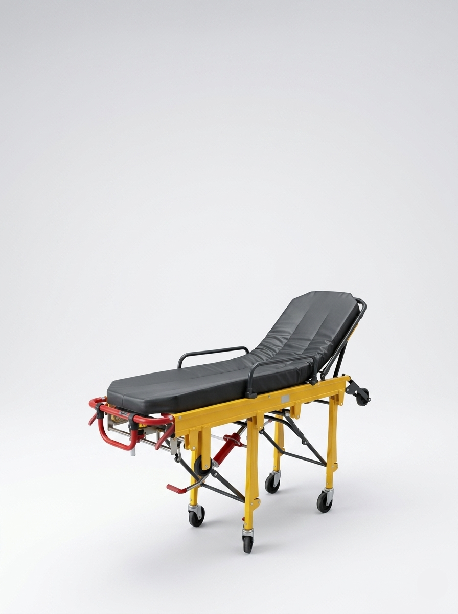 Medical stretcher with black mattress on a white background