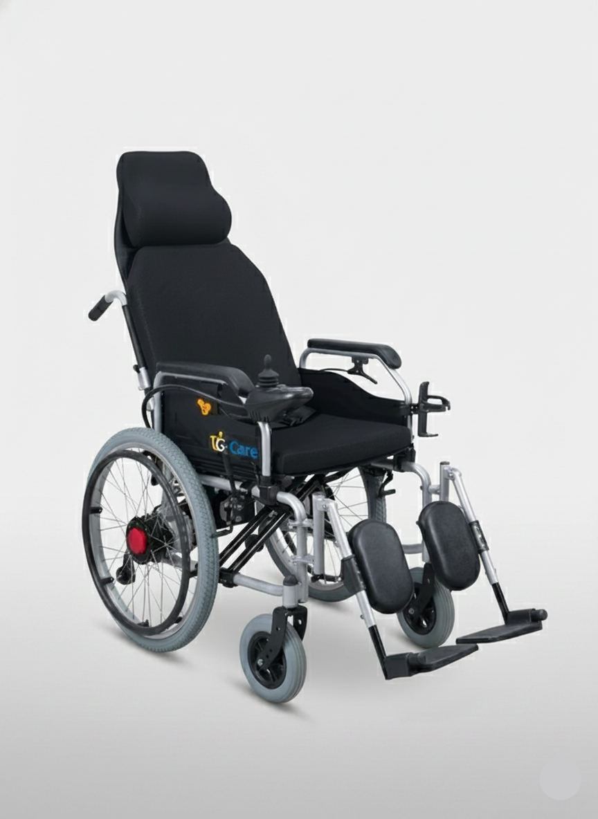 Electric wheelchair with reclining seat on a white background