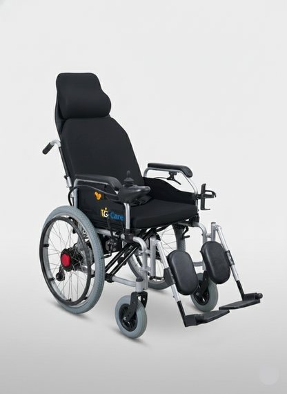 Electric wheelchair with reclining seat on a white background