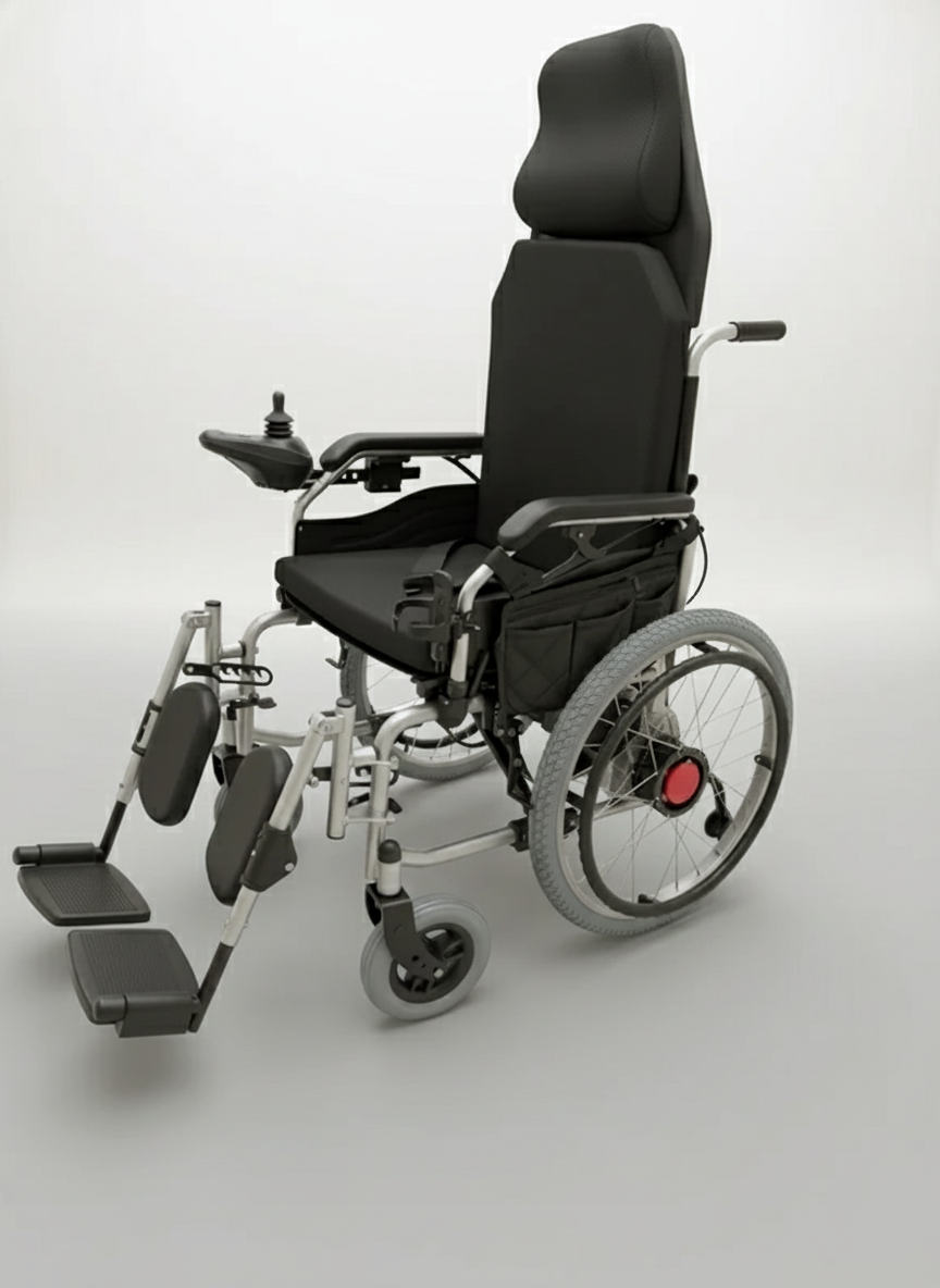 Black electric wheelchair on a white background
