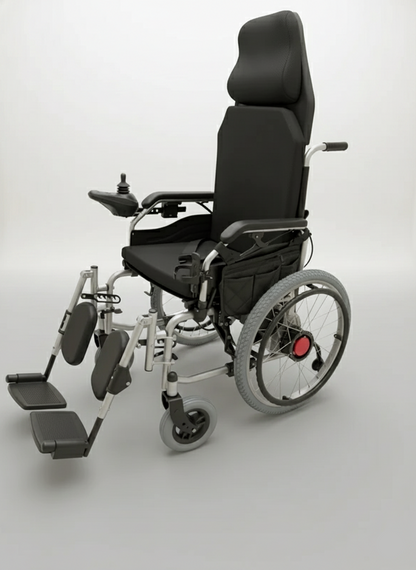 Black electric wheelchair on a white background
