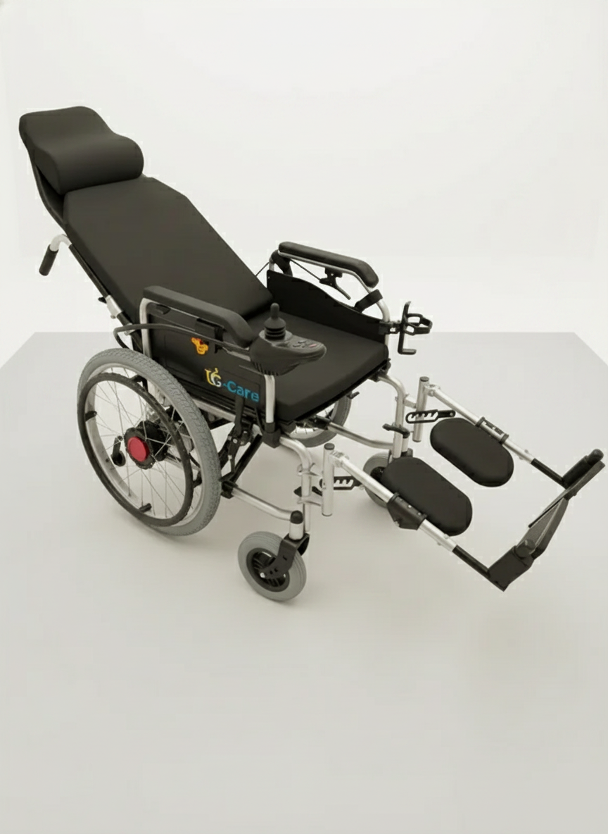 Reclined wheelchair with adjustable backrest on a white background