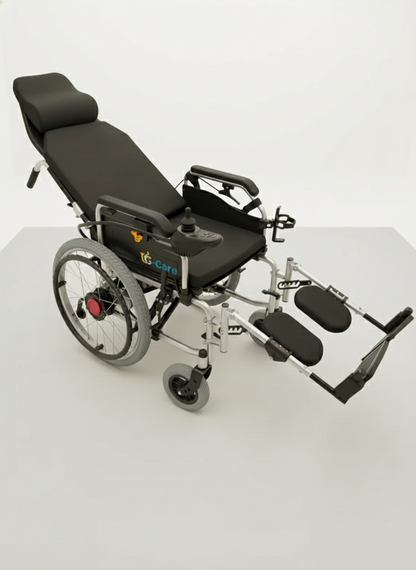 Reclined wheelchair with adjustable backrest on a white background