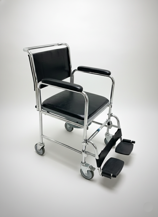 Black and silver shower chair with wheels on a white background