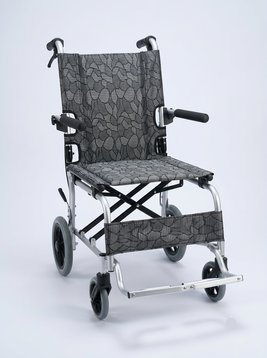 Foldable wheelchair with patterned seat and backrest on a light gray background