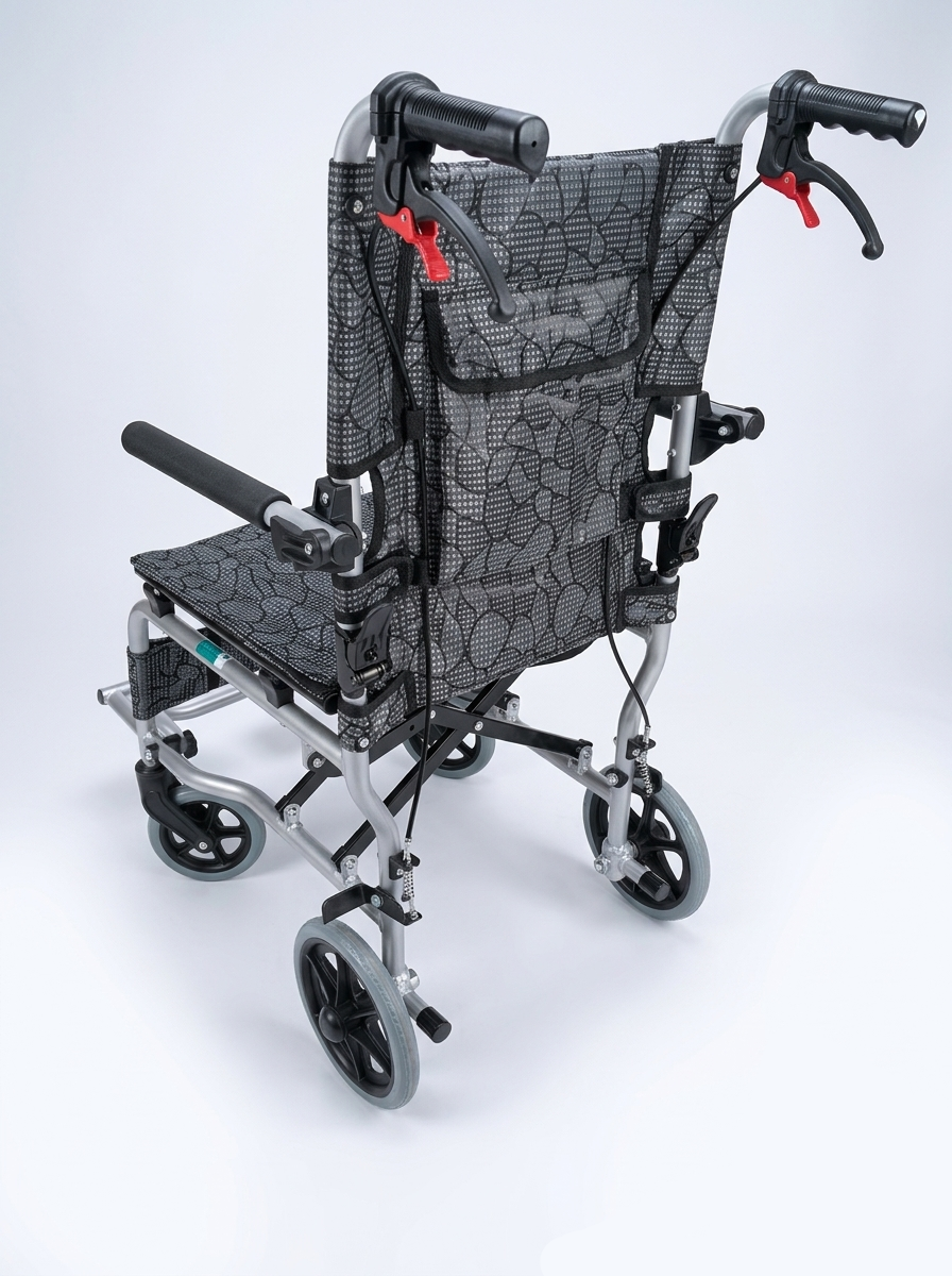 Foldable wheelchair with a black seat cover on a white background