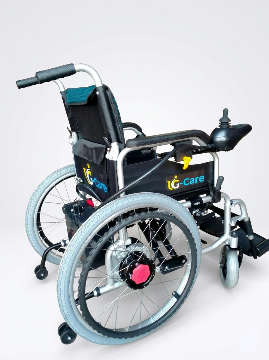 Electric wheelchair with visible branding on a white background
