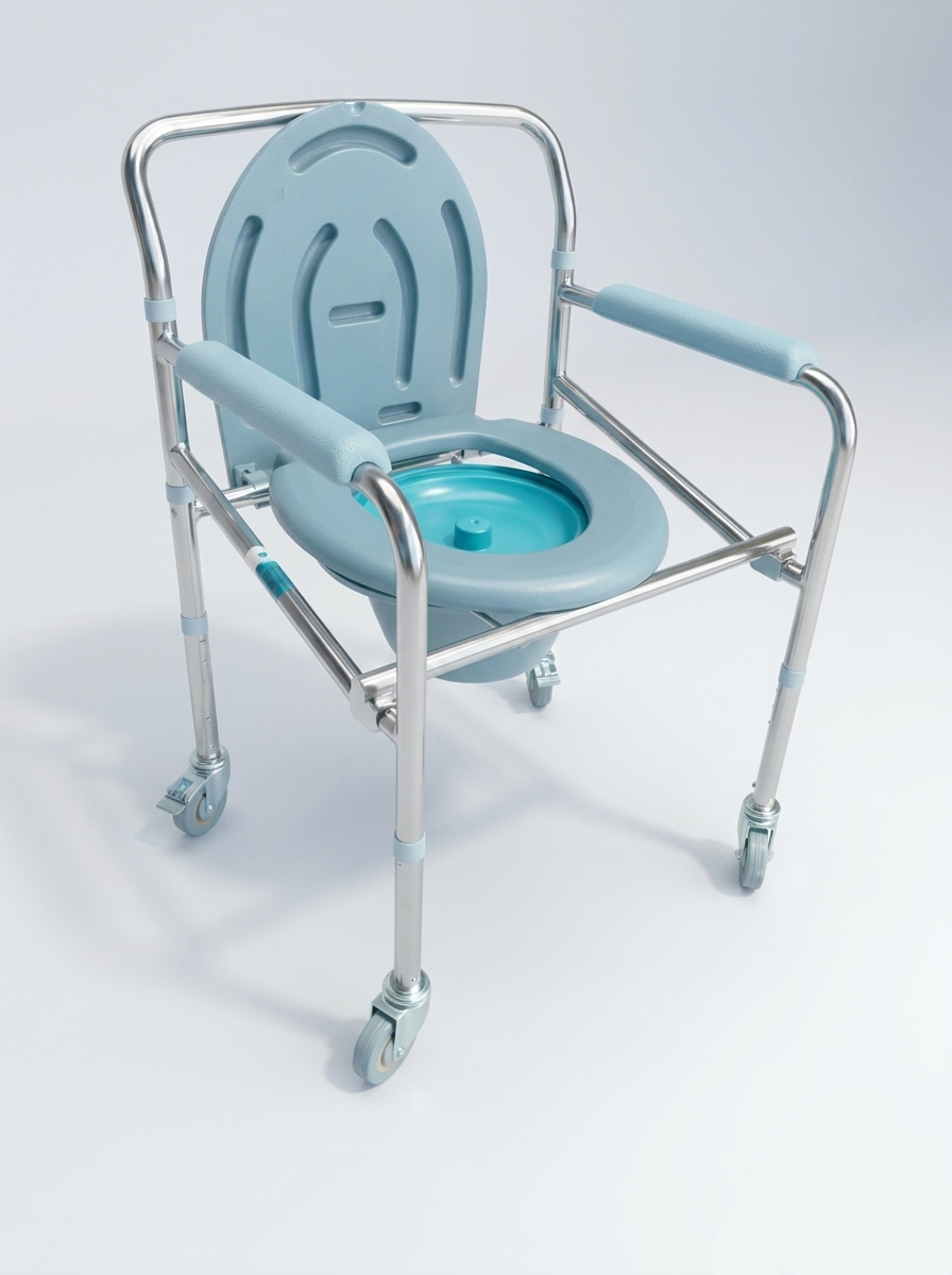Blue commode chair with metal frame on a white background