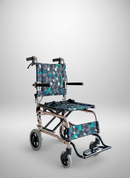 Foldable wheelchair with a patterned seat cover on a light gray background