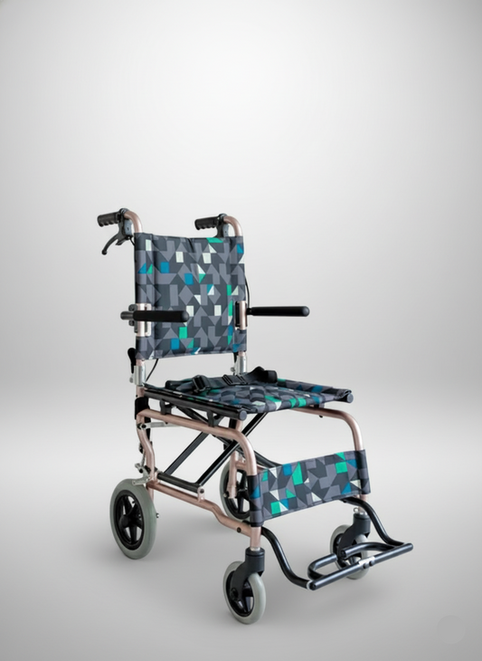 Foldable wheelchair with a patterned seat cover on a light gray background
